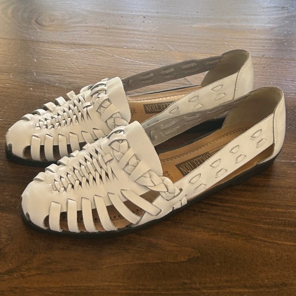 The Leather Collection Huarache Flats 8 White Woven Leather Boho Cottagecore